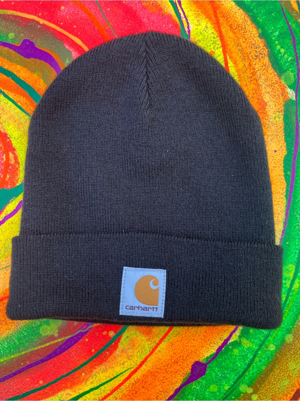 Carhartt Black Knit Beanie with Tan Logo Patch workwear
